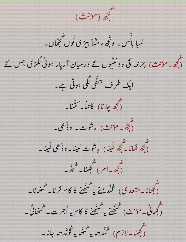 گجھ ,گجھ چلانا,گجھ کھانا,گجھ لینا,گجھانا,گجھائی,گجھنا,گجھ گڑپ,گجھا,گجھل,گجھا ل,گجھڑ۔گجھڑیں گجھڑ,گجھڑا,گجھڑے,گجھڑے بھیت,گجھا گھسن,گجھن,گجھوں,گجھواں,گجھویں,گجھوی,گجھی,گجھی بات,گجھی بولی,گجھی مار مارنا,گجھیں مارنا,گجھی سٹ,گجھی ویدن, گجھے,گجھے گجھے,گجھے گجھے کارے کرنا,گجھتا,گجھمی,گجھالا,  گھچالا,گجھانا, 