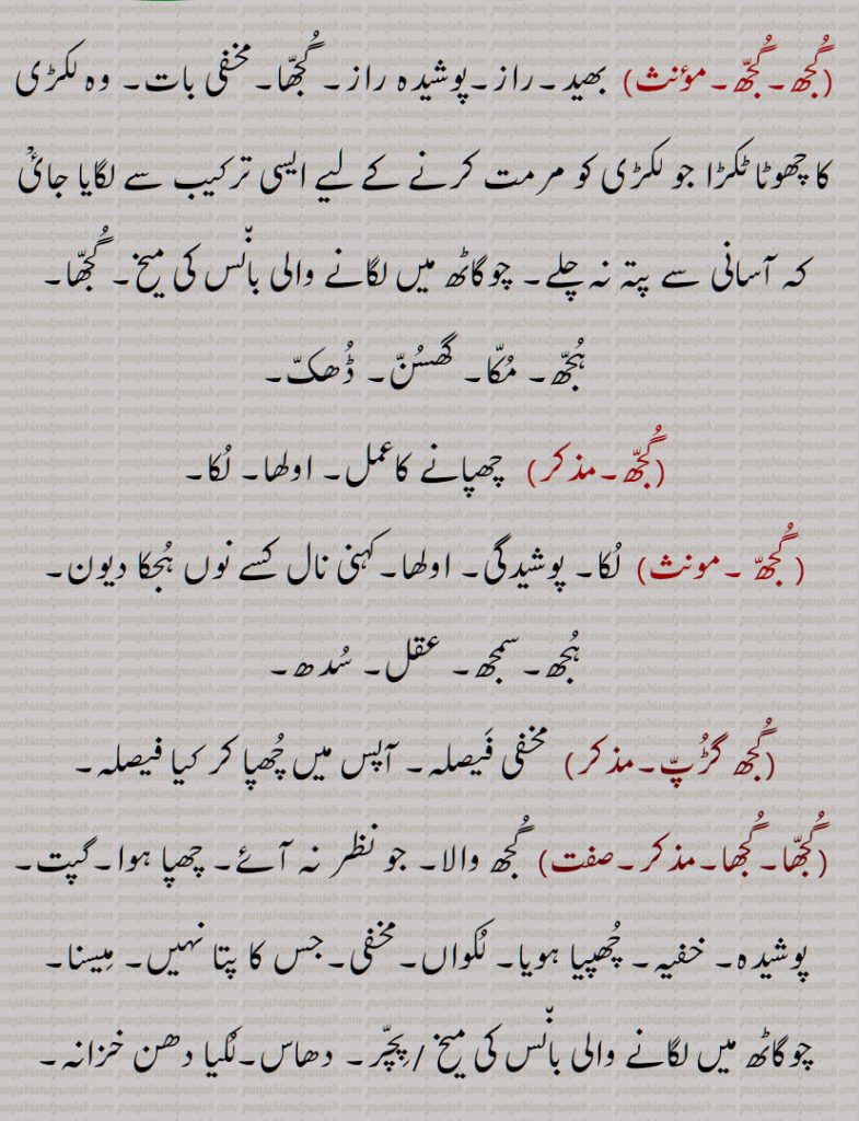 ,گُجھ ,گُجھ چلانا,گُجھ کھانا,گُجھ لَینا,گُجھانا,گُجھائی,گُجھنا,گُجھ گڑُپّ,گُجھا,گُجّھل,گُجّھا ل,گُجھّڑ۔گُجّھڑیں گُجّھڑ,گُجھڑا,گُجھڑے,گُجّھڑے بھیت,گُجّھا گُھسن,گُجّھن,گُجّھوں,گُجّھواں,گُجّھویں,گُجّھوی,گُجھّی,گُجھّی بات,گُجّھی بولی,گُجّھی مار مارنا,گُجّھیں مارنا,گُجھّی سٹ,گُجّھی ویدن,گُّجھے,گُجھّے گُجھّے,گُجّھے گُّجھے کارے کرنا,گُجّھتا,گُجّھمی,گُجھالا,  گھچالا,گجھانا,