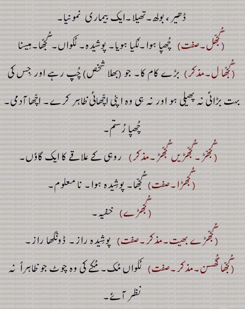 ,گُجھ ,گُجھ چلانا,گُجھ کھانا,گُجھ لَینا,گُجھانا,گُجھائی,گُجھنا,گُجھ گڑُپّ,گُجھا,گُجّھل,گُجّھا ل,گُجھّڑ۔گُجّھڑیں گُجّھڑ,گُجھڑا,گُجھڑے,گُجّھڑے بھیت,گُجّھا گُھسن,گُجّھن,گُجّھوں,گُجّھواں,گُجّھویں,گُجّھوی,گُجھّی,گُجھّی بات,گُجّھی بولی,گُجّھی مار مارنا,گُجّھیں مارنا,گُجھّی سٹ,گُجّھی ویدن,گُّجھے,گُجھّے گُجھّے,گُجّھے گُّجھے کارے کرنا,گُجّھتا,گُجّھمی,گُجھالا,  گھچالا,گجھانا,