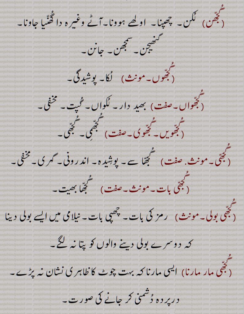 ,گُجھ ,گُجھ چلانا,گُجھ کھانا,گُجھ لَینا,گُجھانا,گُجھائی,گُجھنا,گُجھ گڑُپّ,گُجھا,گُجّھل,گُجّھا ل,گُجھّڑ۔گُجّھڑیں گُجّھڑ,گُجھڑا,گُجھڑے,گُجّھڑے بھیت,گُجّھا گُھسن,گُجّھن,گُجّھوں,گُجّھواں,گُجّھویں,گُجّھوی,گُجھّی,گُجھّی بات,گُجّھی بولی,گُجّھی مار مارنا,گُجّھیں مارنا,گُجھّی سٹ,گُجّھی ویدن,گُّجھے,گُجھّے گُجھّے,گُجّھے گُّجھے کارے کرنا,گُجّھتا,گُجّھمی,گُجھالا,  گھچالا,گجھانا,