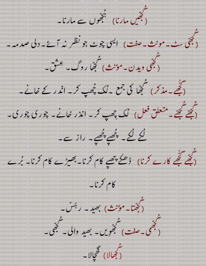 ,گُجھ ,گُجھ چلانا,گُجھ کھانا,گُجھ لَینا,گُجھانا,گُجھائی,گُجھنا,گُجھ گڑُپّ,گُجھا,گُجّھل,گُجّھا ل,گُجھّڑ۔گُجّھڑیں گُجّھڑ,گُجھڑا,گُجھڑے,گُجّھڑے بھیت,گُجّھا گُھسن,گُجّھن,گُجّھوں,گُجّھواں,گُجّھویں,گُجّھوی,گُجھّی,گُجھّی بات,گُجّھی بولی,گُجّھی مار مارنا,گُجّھیں مارنا,گُجھّی سٹ,گُجّھی ویدن,گُّجھے,گُجھّے گُجھّے,گُجّھے گُّجھے کارے کرنا,گُجّھتا,گُجّھمی,گُجھالا,  گھچالا,گجھانا,