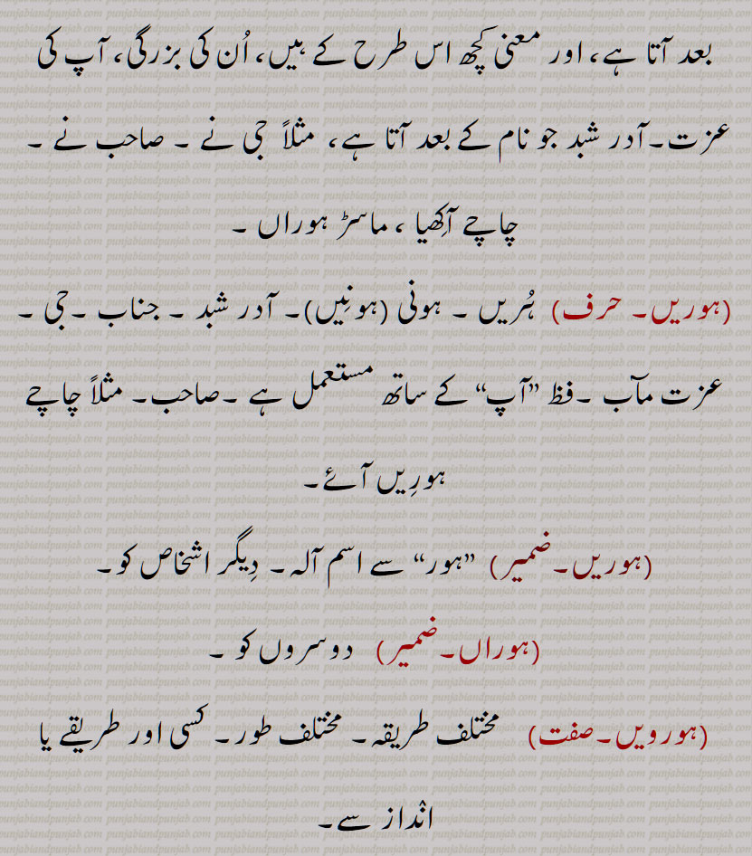 سارے, ہور سُنے, ہور طرحاں, ہور طرحاں, ہورِک ,ہور کوئی,ہور کِویں, ہور کی, ہور کی کہاں, ہورناں, ہور نَہ, ہورنِیں, ہوروطور, ہور وی,ہور بھی,ہور بی, ہور ہی, ہوری, ہور شَے, ہوراں,  ہُراں , ہونیں ,ہوڑِیں, ہوریں, ہُریں , ہونی ,ہونِیں,ہوریں,ہوراں,ہورویں 
, hordar,  hordhar,  horthe, horda, horhi, hor ki, hor koi, hor ki kahaaN, hornaaN, hornooN, hor shaiy, hor saare, hor suno, hor toN hor, horwi ,horvi, horaaN, horeeN, horotor, horas, hor kujh, hor the, hor dar, hor dare, horna, horweiN, hor,ਹੋਰ ,ਹੋਰਾਂ ,  ਹੋਰੀਂ , ਹੋਰੀ ,ਹੋਰਨਾਂ , ਹੋਰਨੀਂ , ਹੋਰੋਤੋਰ, ਹੂਰਾ, ਹੋਰਸ, ਹੋਰ ਕੁਝ, ਹੋਰ ਥਹਿ, ਹੋਰ ਥੇ, ਹੋਰ ਦਰ, ਹੋਰ ਦਰੇ , ਹੋਰਨਾ, ਹੋਰਵੇਂ , ,ہور تھہ,   ہور در,  ہور دوں, ہور دھر,  ہور سنے,   ہورک , ہور کویں, ہور نہ, ہورنیں,  ہور شے,   ہراں ,  ہوڑیں,  ہریں  ,  