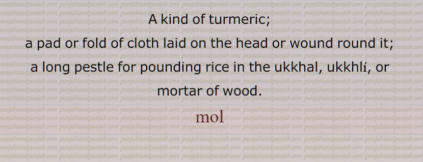مول, سینھوں,مولھ, مول جھمیں, چاول کُوٹنے کا موسل,مولھا, ہلدی,موہلا, turmeric, a pad or fold of cloth, a long pestle , mol, ਮੋਲ,