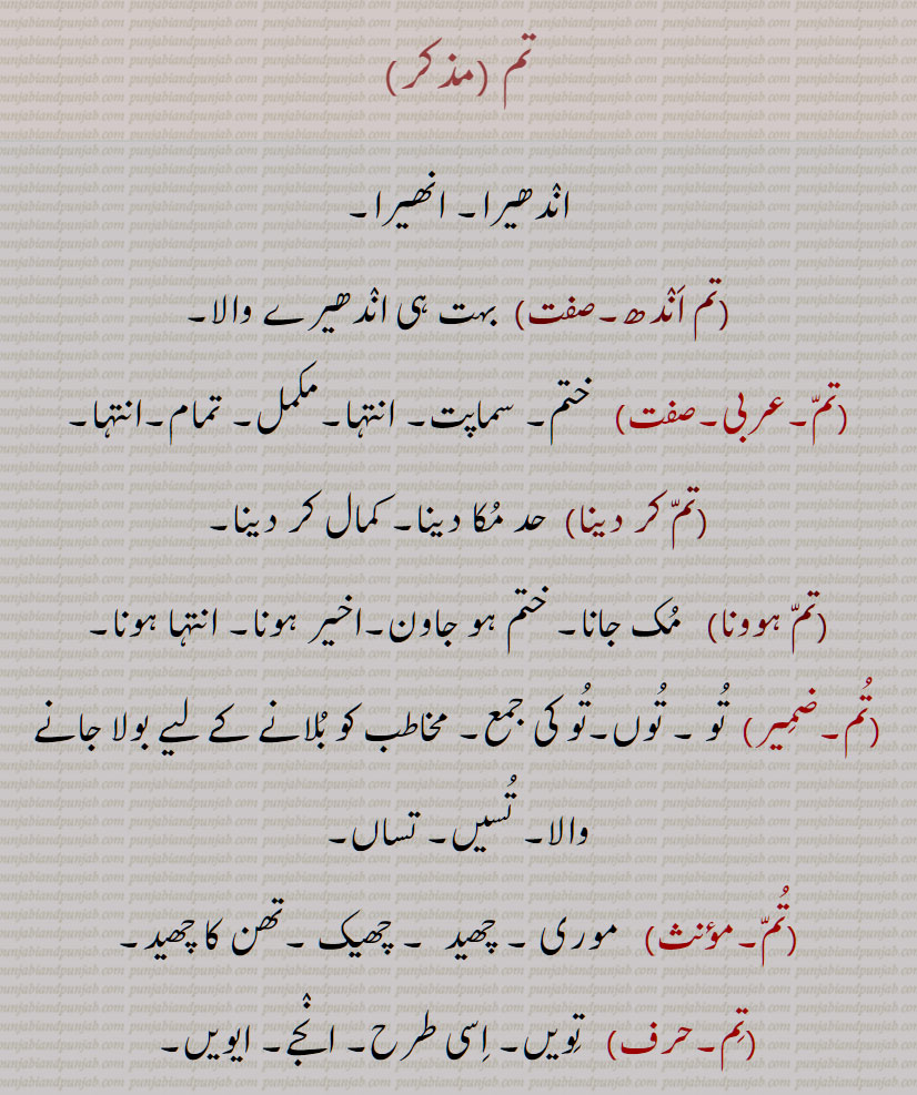 ,تم , انٛدھیرا, تم اَنٛدھ, تمّ, ختم,تمّ کر دینا,تمّ ہوونا, مُک جانا,تُم, تُسیں,تُمّ, موری ,تھن کا چھید,تِم, تِویں,انٛجے,,اندھیرا, تم اندھ ہوونا, مک جانا, تسیں, تویں , انجے,,